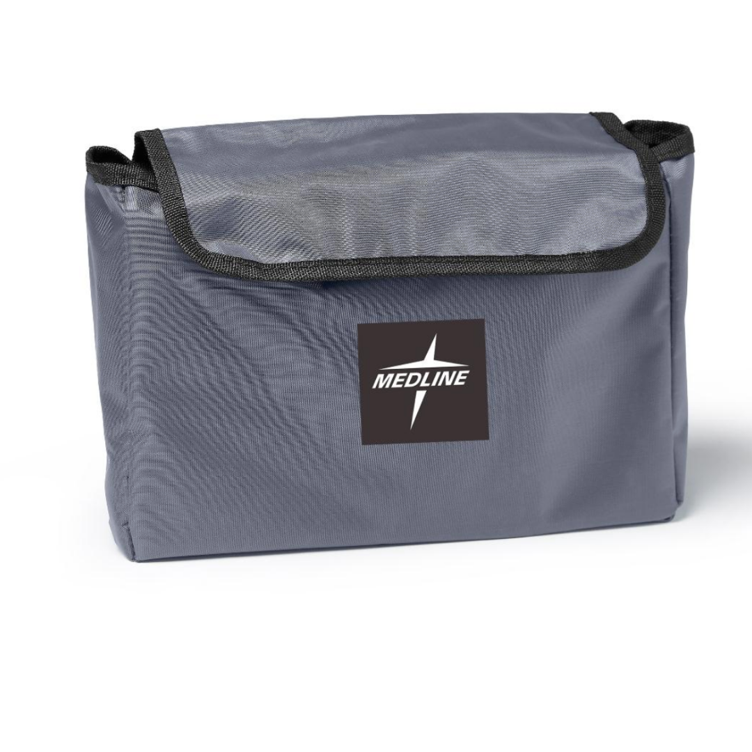 The Medline Side Bag for Transport Chairs & Wheelchairs is a rectangular gray nylon pouch with black trim, flap closure, and water resistance. It features the Medline logo and is perfect as a convenient wheelchair accessory.